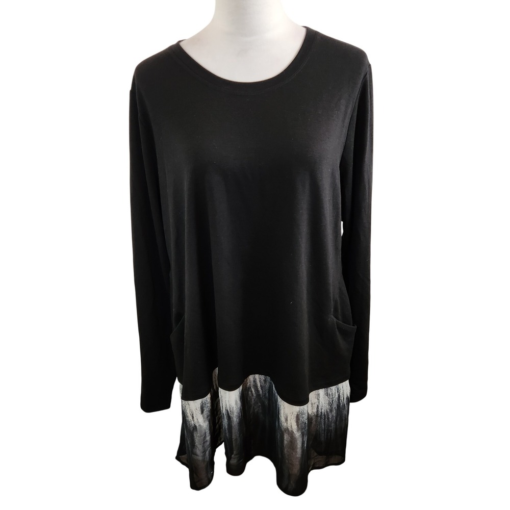 LOGO LOUNGE Black Cozy Tunic Top Abstract Print Hem Pockets Laganlook Womens XL